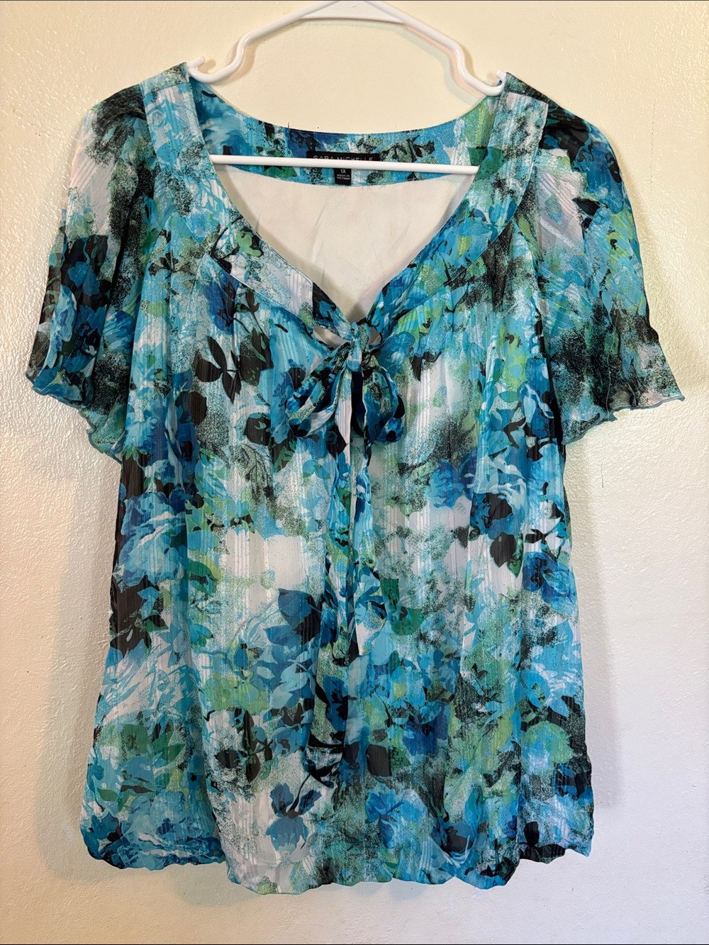 Sara Michelle Blue & Aqua Floral Tie-Neck Blouse Elastic Waist